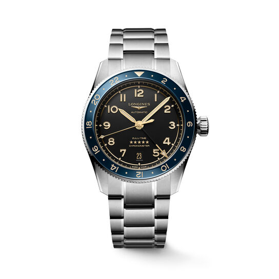 Front view of round stainless steel watch with black dial, blue bezel, and stainless steel strap image number 0